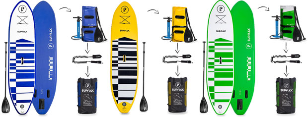 Supflex Inflatable Paddleboard Color Options: Blue, Green & Yellow