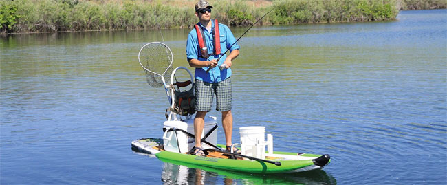 Man Fishing from Airhead Inflatable SUP with Sponsons