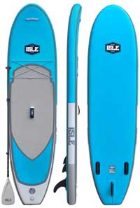 Isle Airtech Inflatable SUP Top, Bottom and Side Views of Deck Pad, Fins, Bungee Straps and Carrying Handles