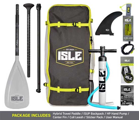 Isle Inflatable SUP Package Includes Paddleboard, Hybrid Travel Paddle, iSUP Carrying Backpack, High Pressure Air Pump, Coil Leash, Detachable Center Fin, Stickers and User Manual