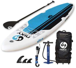 Nixy Inflatable Paddleboard Package includes high pressure pump, paddle, backpack, fins and coiled leash