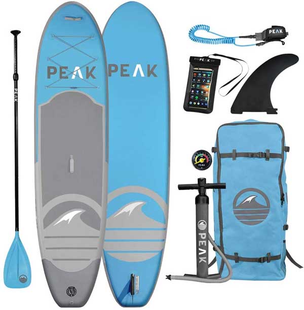 PEAK Inflatable Paddleboard Package with SUP, Paddle, Air Pump, Fin, Backpack and More