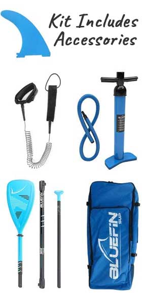 Bluefin Sprint Paddleboard Accessories: Paddle, Pump, Leash, Backpack, Tracking Fin