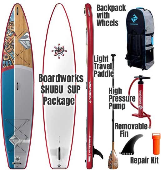 Boardworks SHUBU Raven SUP Package with Padddle, Air Pump, Backpack, Removable Fin, Repair Kit