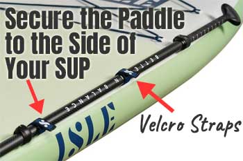 SUP Paddle Holder Secures Paddle to Side of Board with Velcro Straps